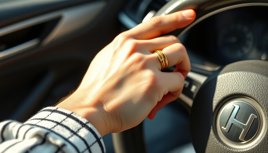 August Family Adventures: Hand on steering wheel in sunlit car.