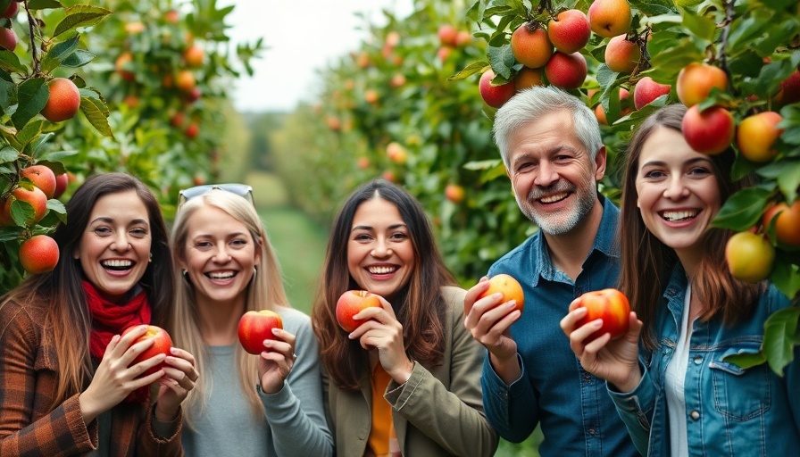 Friends enjoying apple picking near Philadelphia in lush orchard.