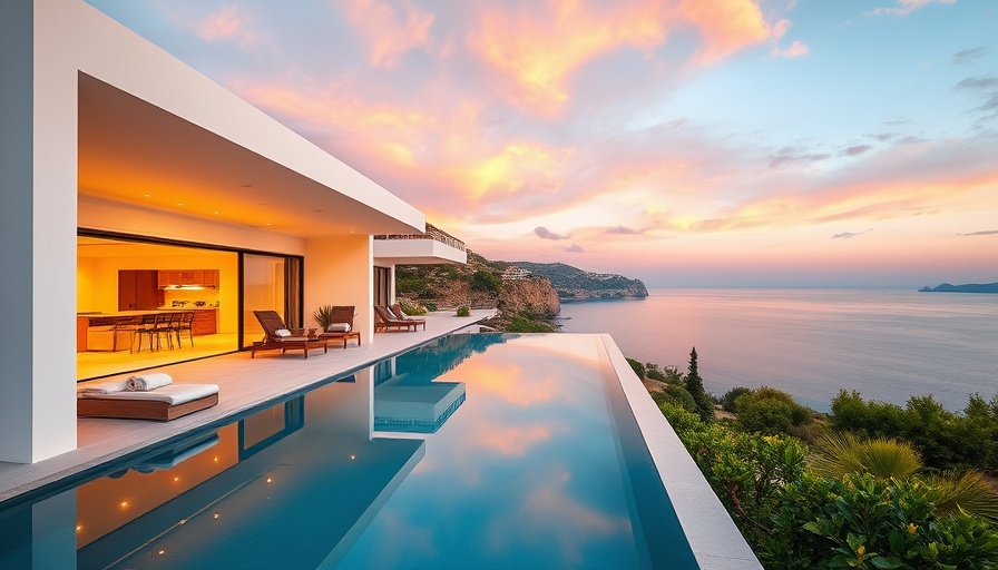 Luxury villa in Mallorca with infinity pool and sea view at sunset.