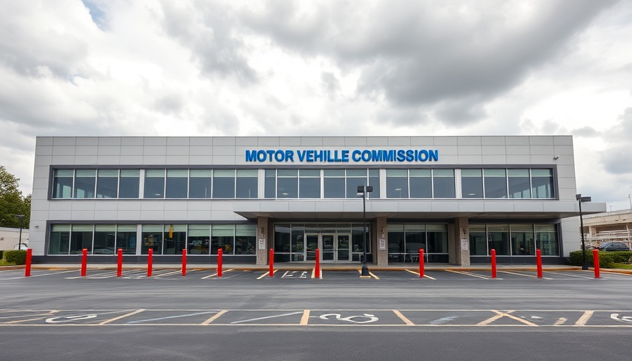 Modern motor vehicle commission building under cloudy sky, Undocumented Immigrant Driver's Licenses context.