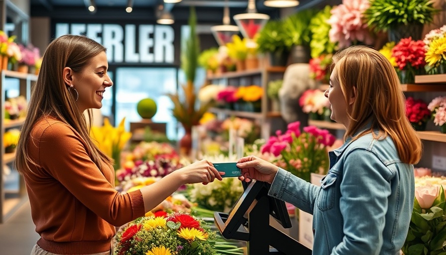 Florist helps customer with credit card in vibrant shop.