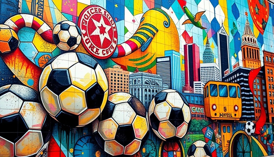 Artistic FIFA World Cup mural with Philadelphia motifs.