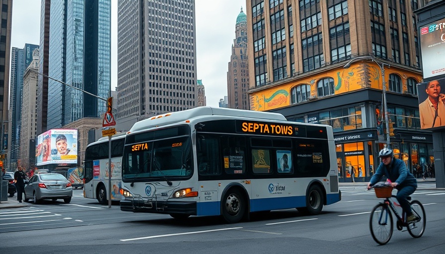 SEPTA bus and cyclist in urban street scene, SEPTA fare refunds for bus riders.