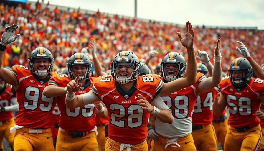 College football players celebrating during a game with referee nearby.