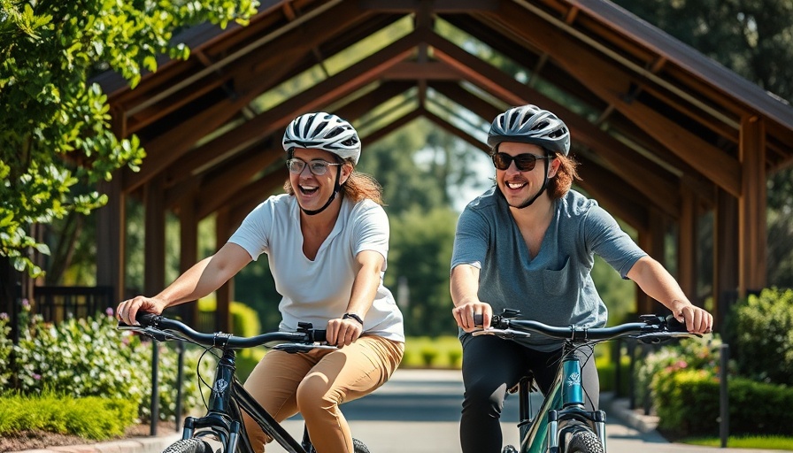 Two cyclists discussing bicycle safety initiatives under pavilion.