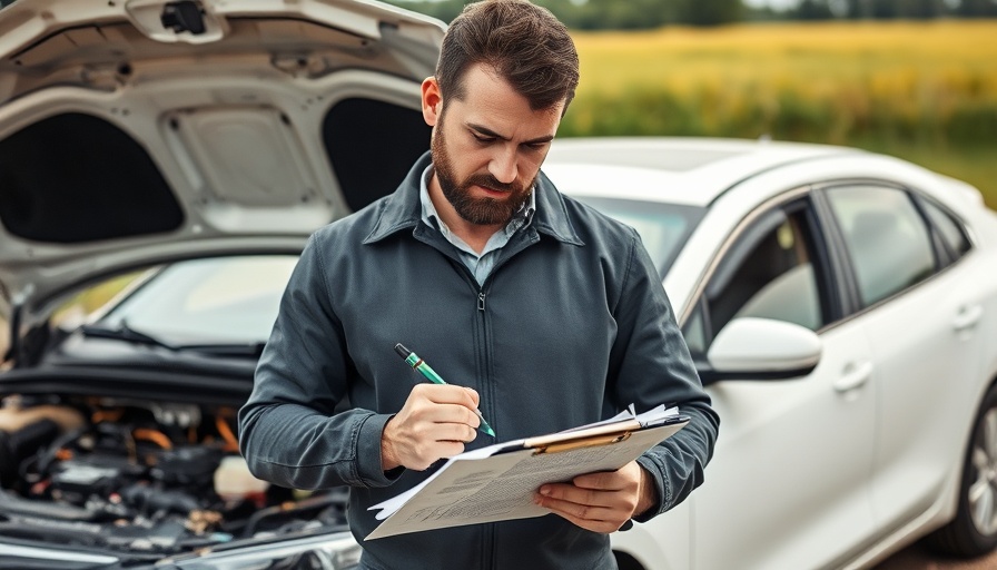 Insurance adjuster examining car damage for insurance claim process.