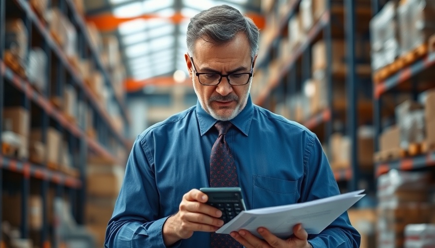 Businessman reviewing commercial insurance claims in warehouse.