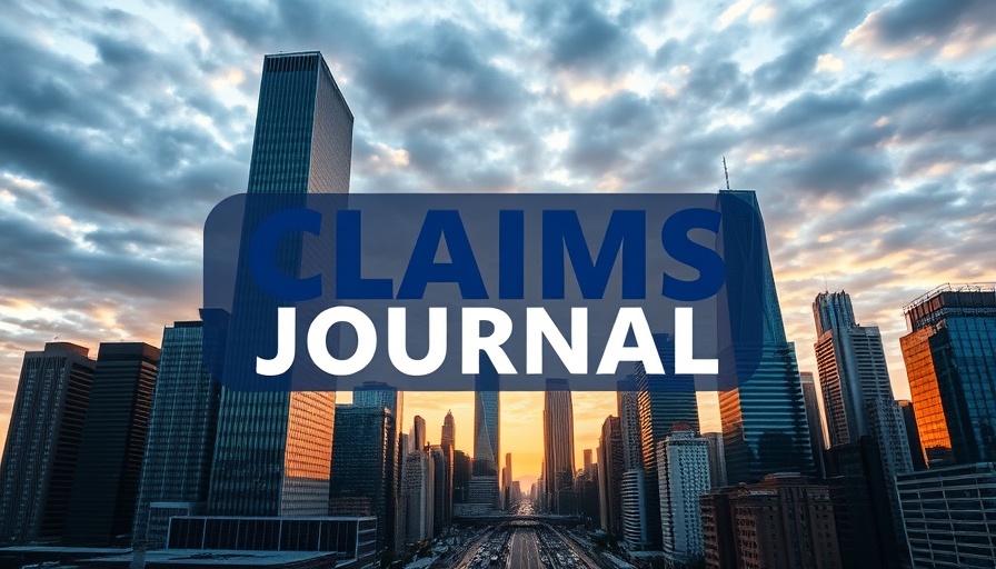 Urban skyline with Claims Journal text, insurance claim process.