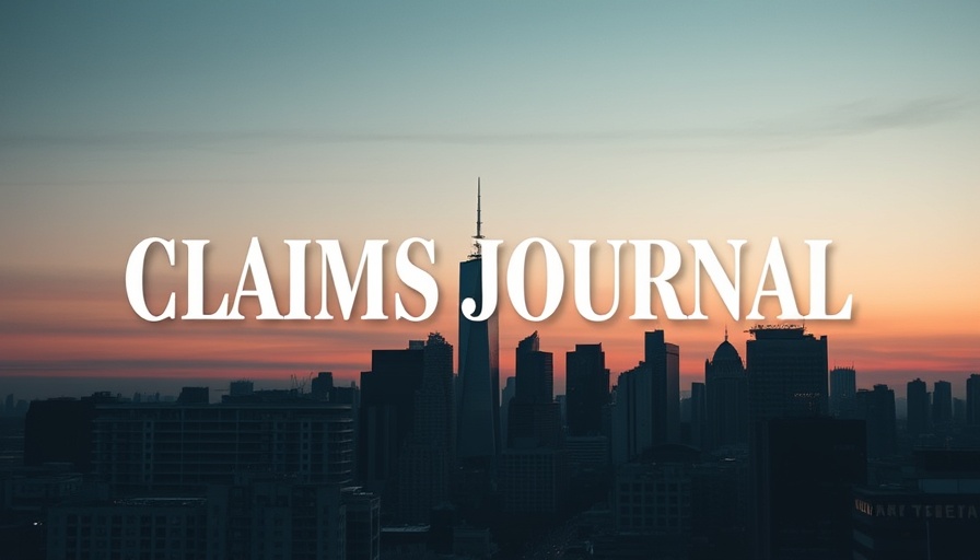 Urban skyline with 'Claims Journal' overlay under dusk sky.