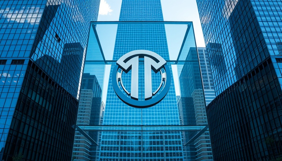 Symmetrical glass cube with logo reflecting cityscape, AI copyright context