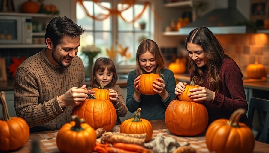 Family carving pumpkins focusing on Halloween injury prevention.