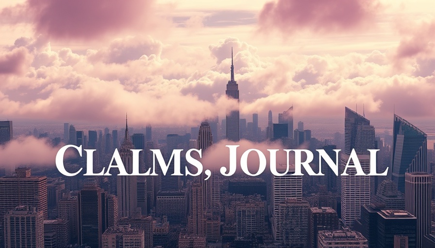 City skyline with 'Claims Journal' overlay and dense clouds.