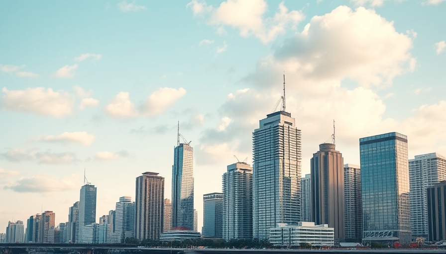 Urban skyline with overlay text on a cityscape background.