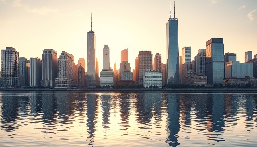 Modern cityscape with reflective water, capturing urban allure.
