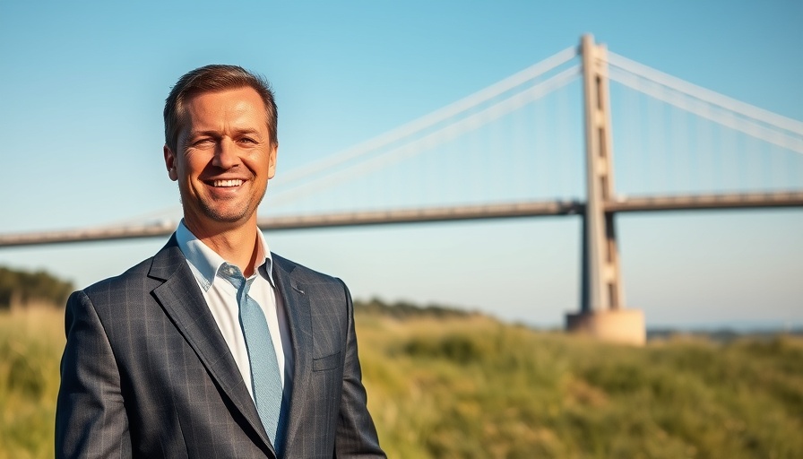 Portrait of a man discussing insurance agency liability with a bridge in background.