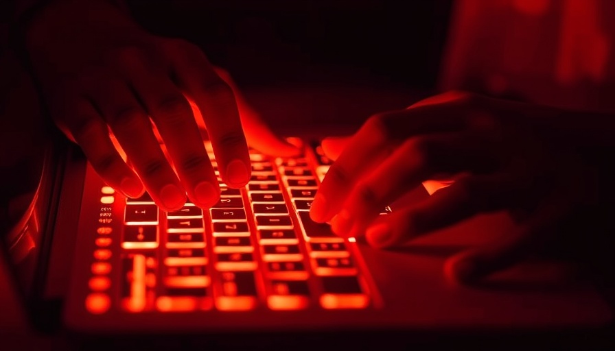 Red-lit keyboard with hands typing, symbolizing action against online scammers.