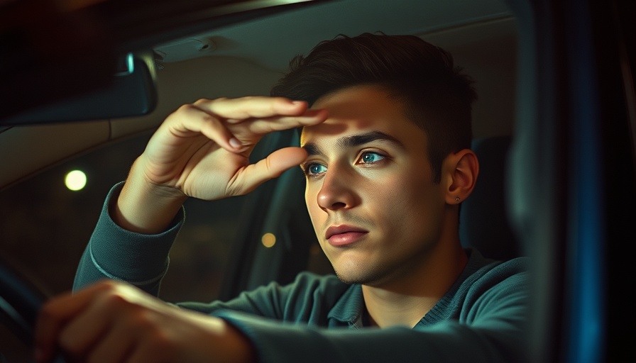 Headlight glare car accident scenario, man shielding eyes while driving.