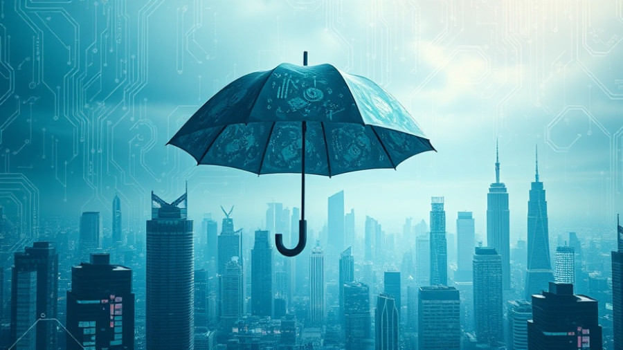 Digital umbrella over cityscape symbolizing cyber insurance coverage.
