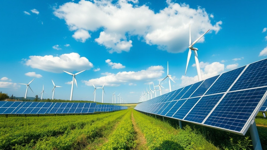 Field of solar panels and wind turbines representing renewable energy growth climate targets.