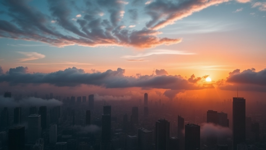 Sunset city skyline with smog, resembling insurance claim disputes atmosphere.