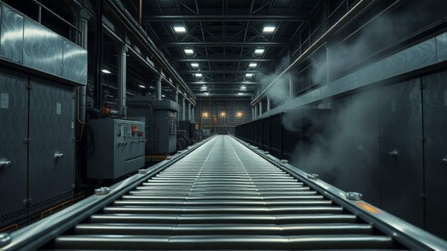 Interior of an aluminum plant with a cooling conveyor, depicting supply disruption.