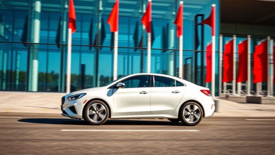 Modern car in front of a building related to the insurance claims process.