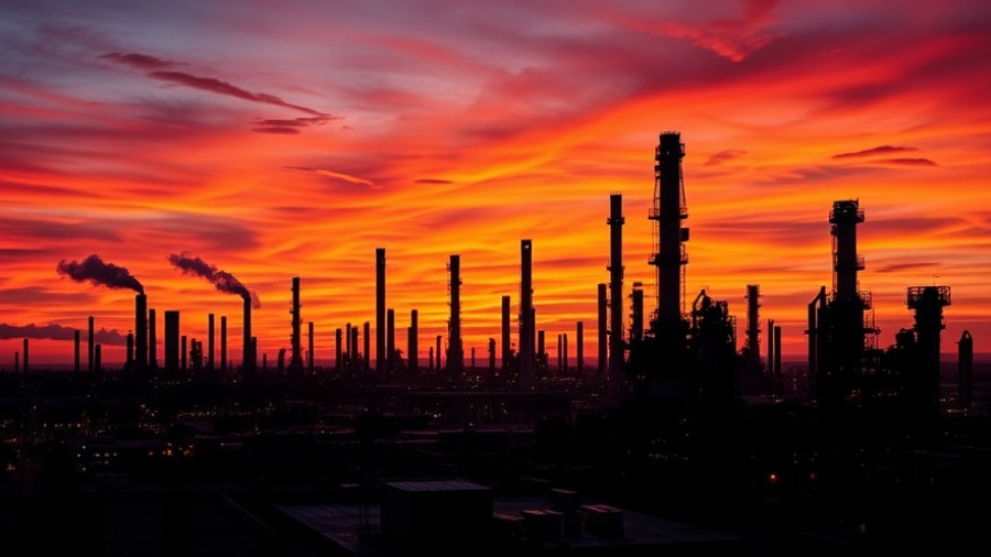 Industrial complex at sunset, Lake Charles LNG project delay backdrop.