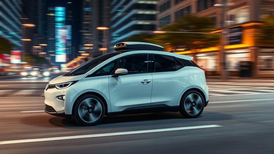 Waymo autonomous ride-hailing service vehicle at night with city lights.