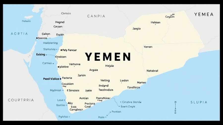 Illustrated map of Yemen highlighting cities and borders.