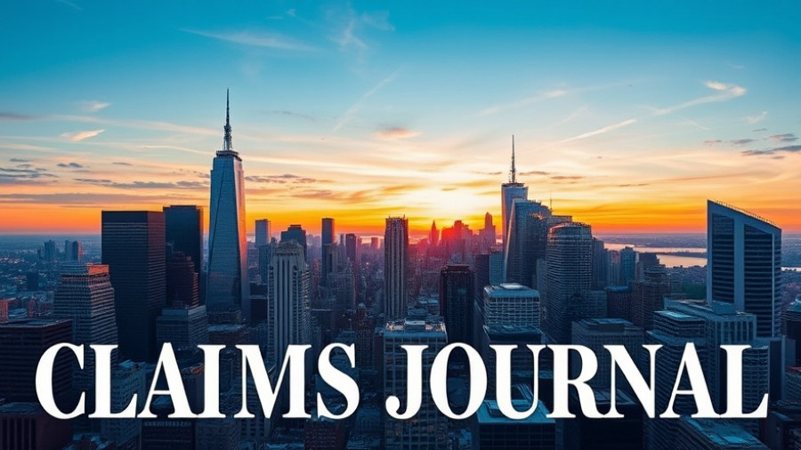 Urban cityscape with 'Claims Journal' text overlay, insurance claims process.