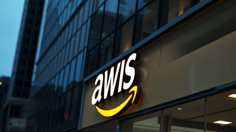 Illuminated AWS sign on building during dusk.