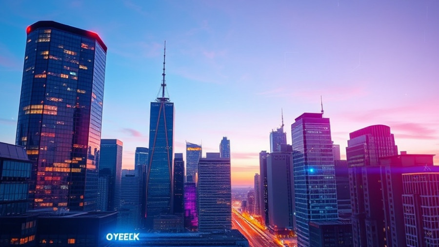 City skyline with digital graphics overlay, flood and storm damage claims concept.