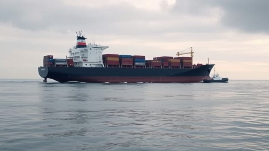 Cargo ship and tugboat during EU maritime inspection under cloudy skies.