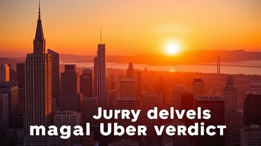 San Francisco skyline with text overlay on Uber trial verdict, sunset.
