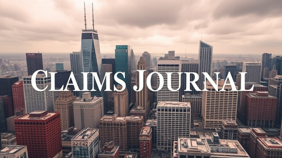 Urban skyline with Claims Journal logo overlay, muted colors.