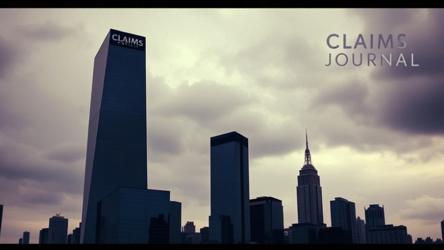 Claims Journal logo over modern city skyline with atmospheric clouds.