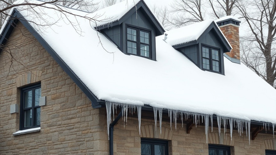 Snow-covered roof with icicles on a quiet winter day.