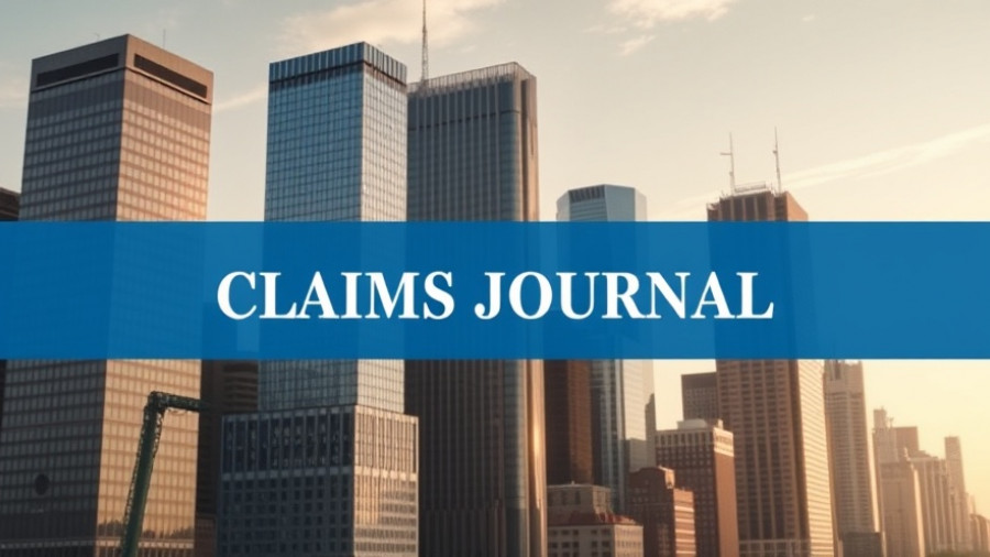 Insurance claim process banner over city skyline with skyscrapers.