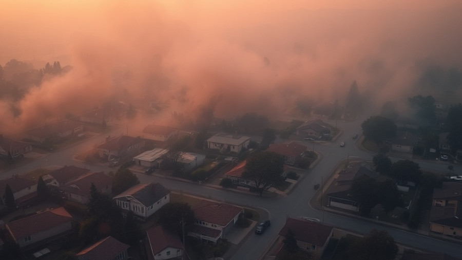 Aerial view of smoke-covered neighborhood, highlighting insurance company tactics.