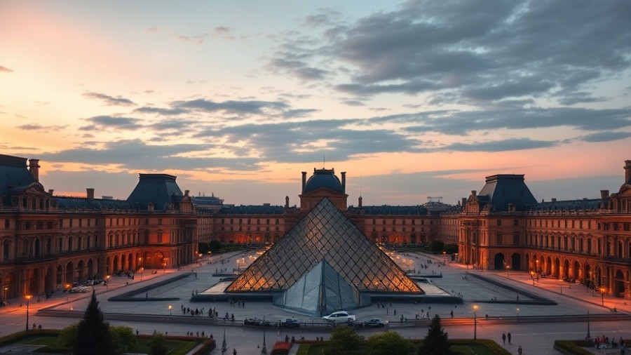 Panoramic view of the Louvre Pyramid in the evening with vibrant sky, capturing the essence of Paris.
