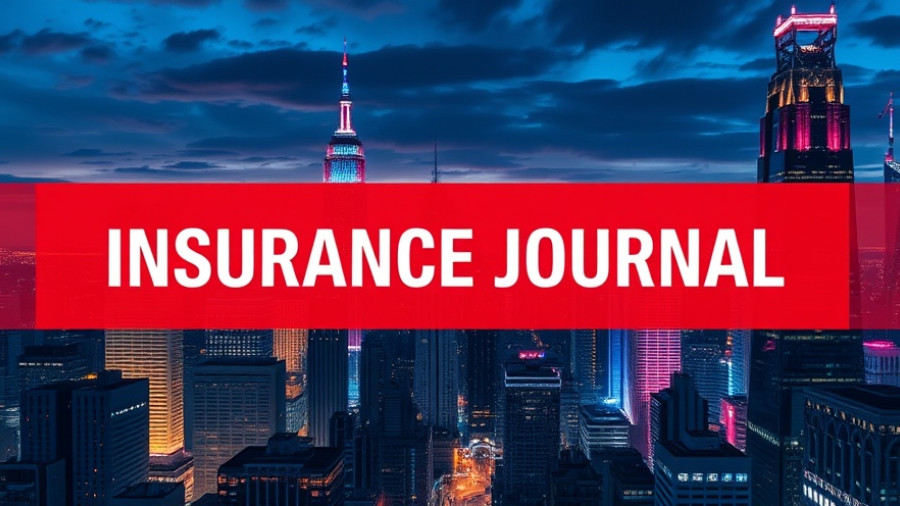Futuristic cityscape with neon lights and 'Insurance Journal' banner.