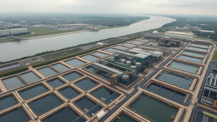 Aerial view of water treatment plant near river, highlighting pollution control.