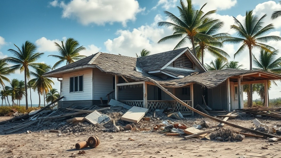 Homeowners Insurance Typhoon Damage on a coastal house with debris.