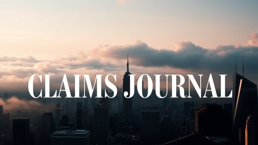 Insurance claim process concept with cityscape and Claims Journal text.
