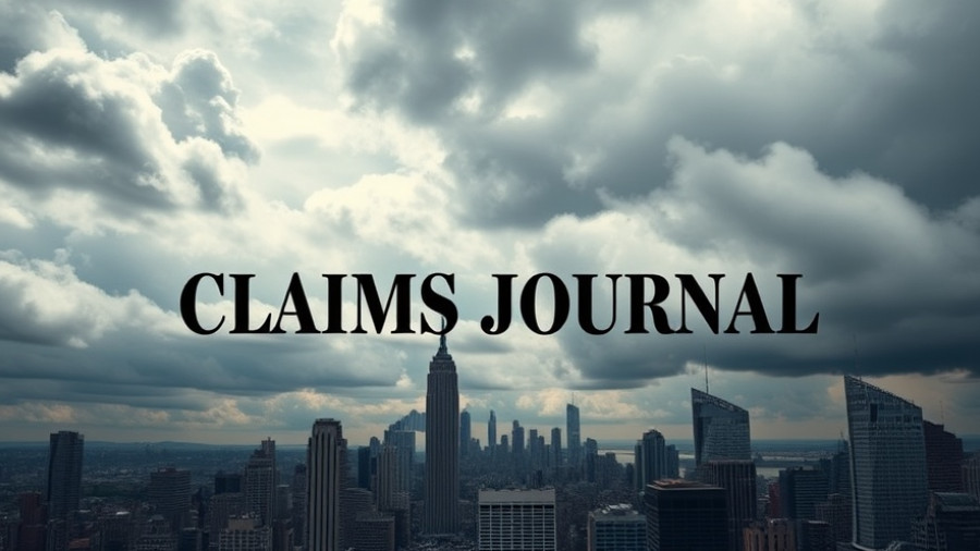Claims Journal logo over city skyline, dramatic sky and lighting.
