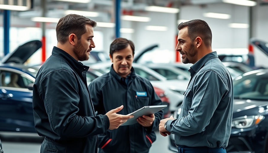 Mechanic discussing OEM repair procedures with customer in workshop.