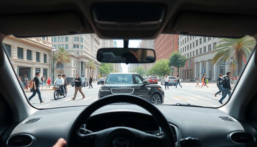 Dashboard view highlighting vehicle blind zones in urban traffic.