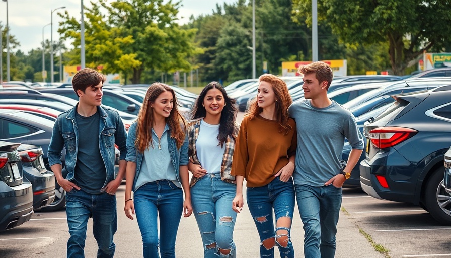 Teenagers walking in a parking lot with parked cars around
