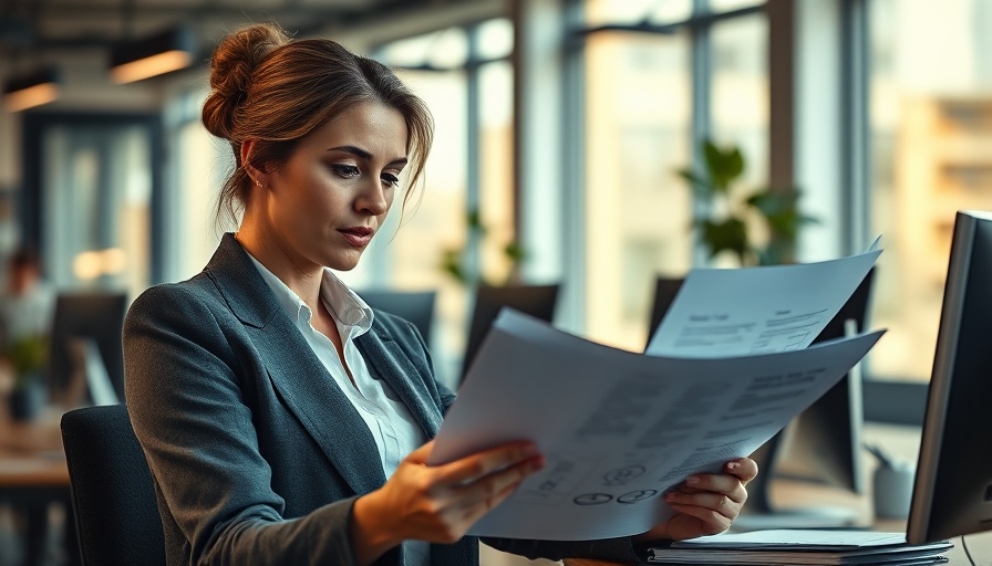 Professional woman reviewing insurance claim process documents in office.