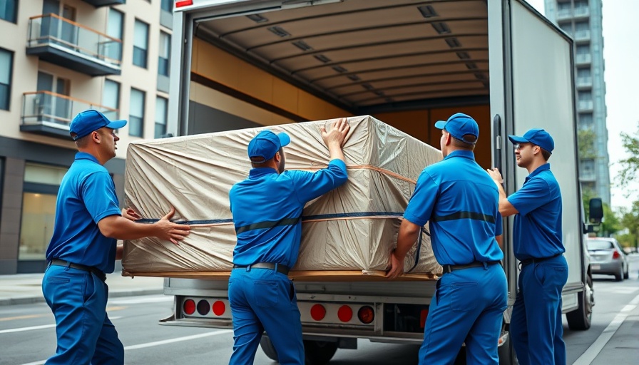 Movers loading furniture into a truck on a sunny day near apartments.